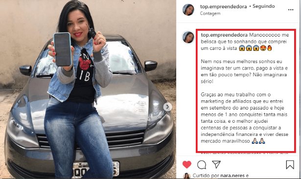 depoimento da aluna camila que comprou um carro estando no marketing de afiliados graças ao que aprendeu dentro do curso conteudo expert