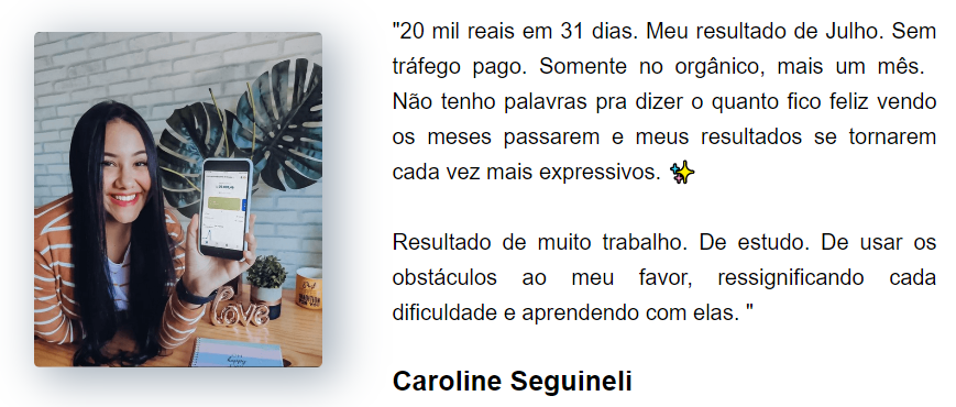 depoimento da aluna caroline que teve resultados de forma orgânica graças ao curso conteudo expert.